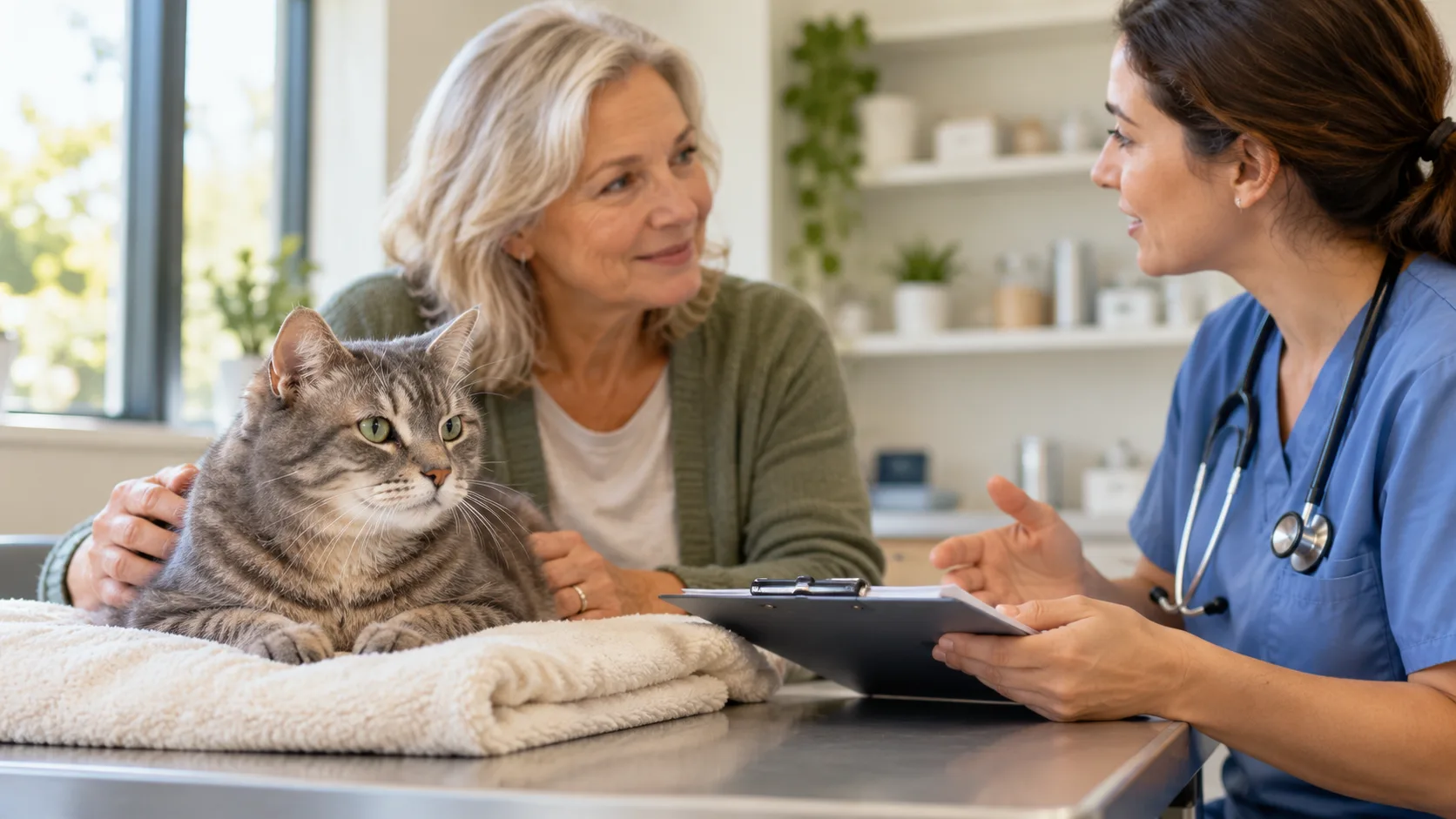 Tabby cat resting on a towel while its owner speaks with a veterinarian